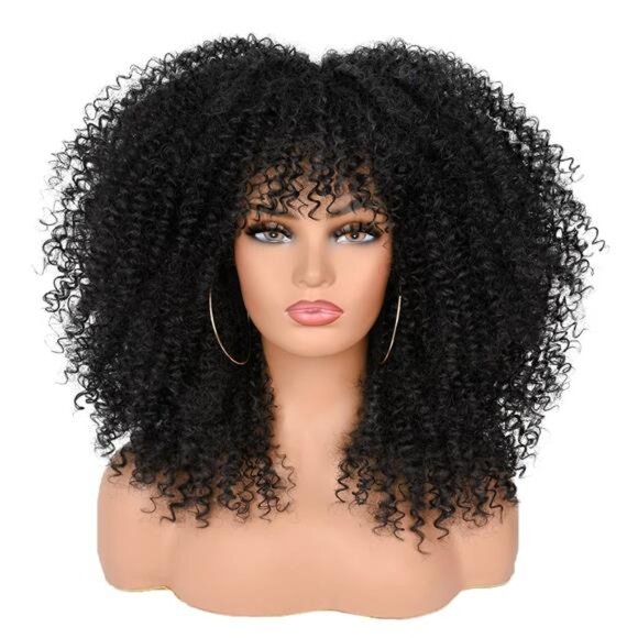16Inch Curly Wigs for Black Women Black Afro Bomb Curly Wig with Bangs Synthetic - Picture 1 of 7